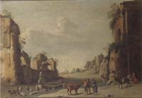 A southern landscape with drovers and their cattle resting before a set of ruins